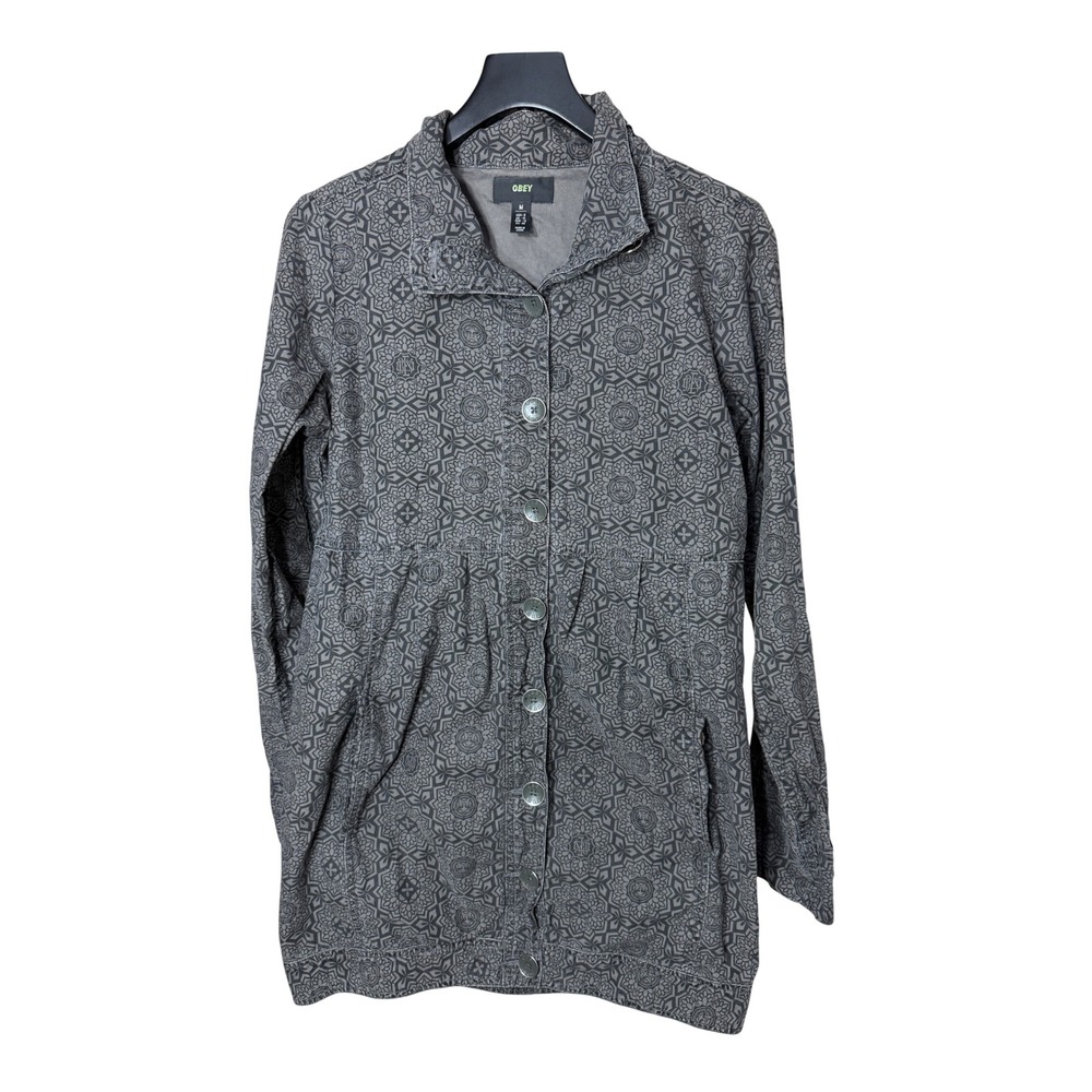 Obey Womens Grey Geometric Mandala Print Longline Button Down Tunic Top  Size M